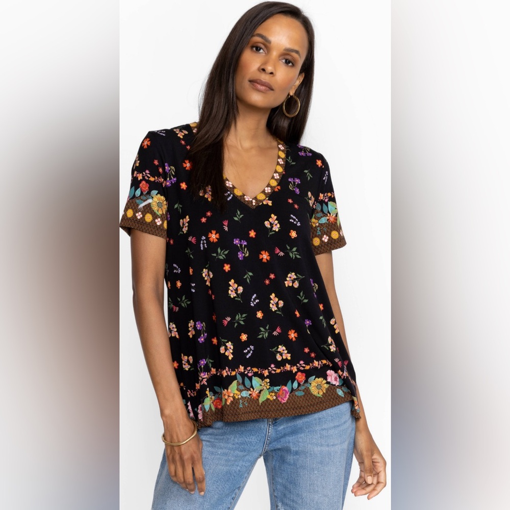 Johnny Was Black Floral V-Neck Short Sleeve Top with Multicolor Accents